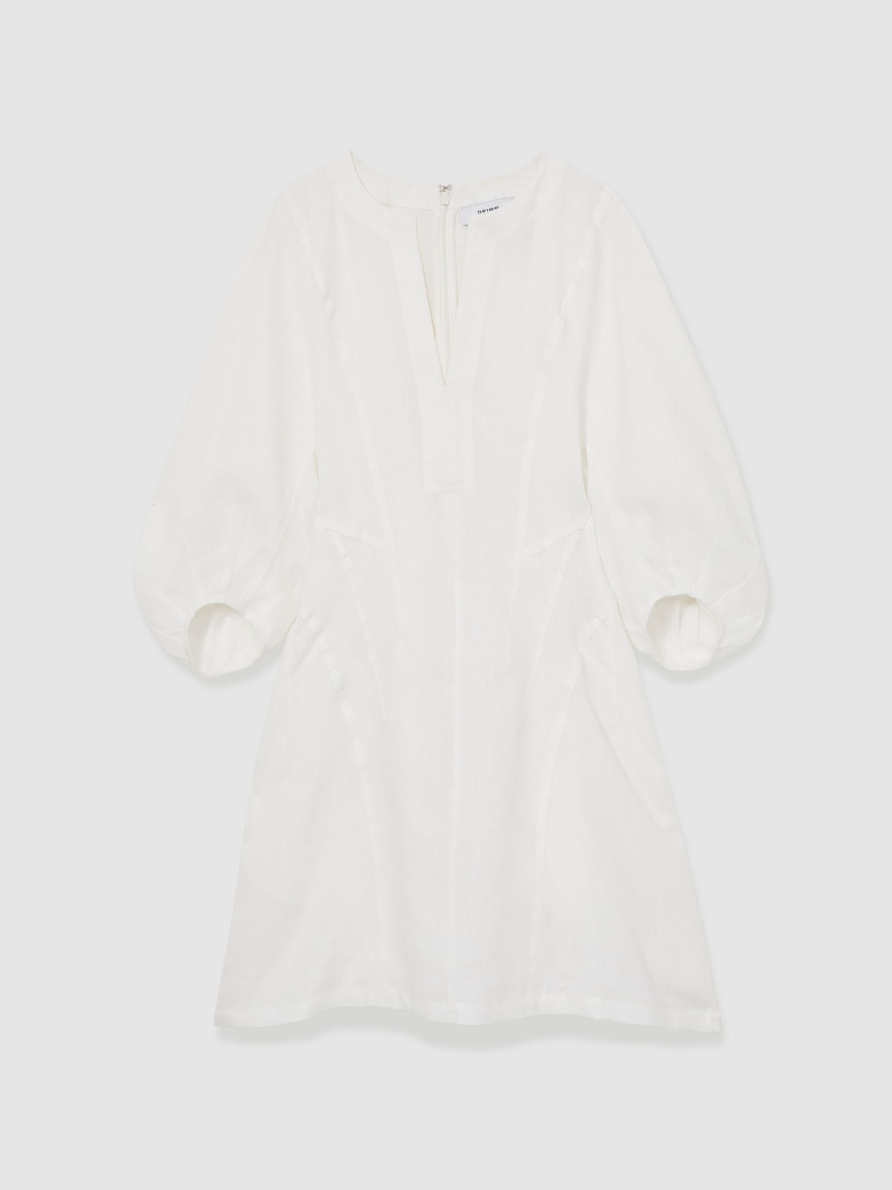 Reiss Linen Balloon Sleeve Mini Dress In Ivory