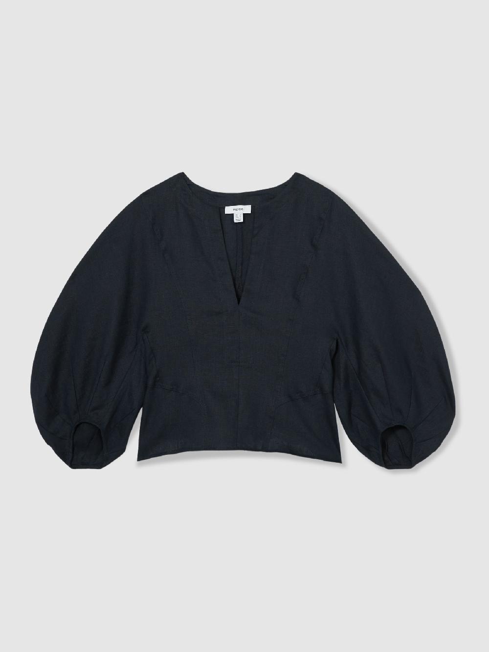 Reiss Linen Balloon-Sleeve Top In Navy