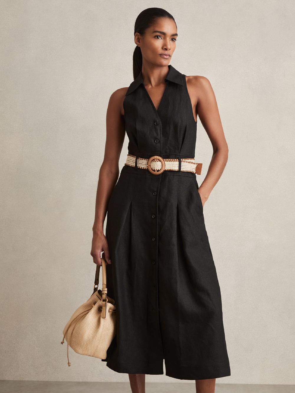 Reiss Linen Belted Sleeveless Midi Dress In Black