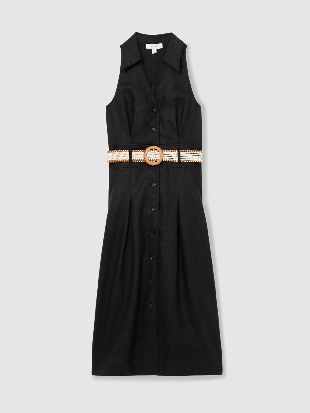 Reiss Linen Belted Sleeveless Midi Dress In Black