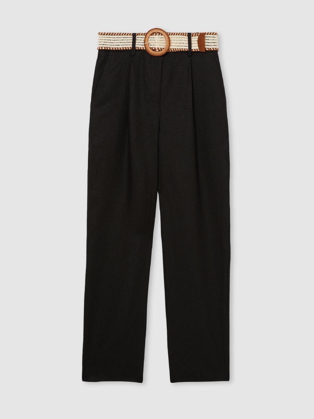 Reiss Linen Belted Tapered Trousers In Black
