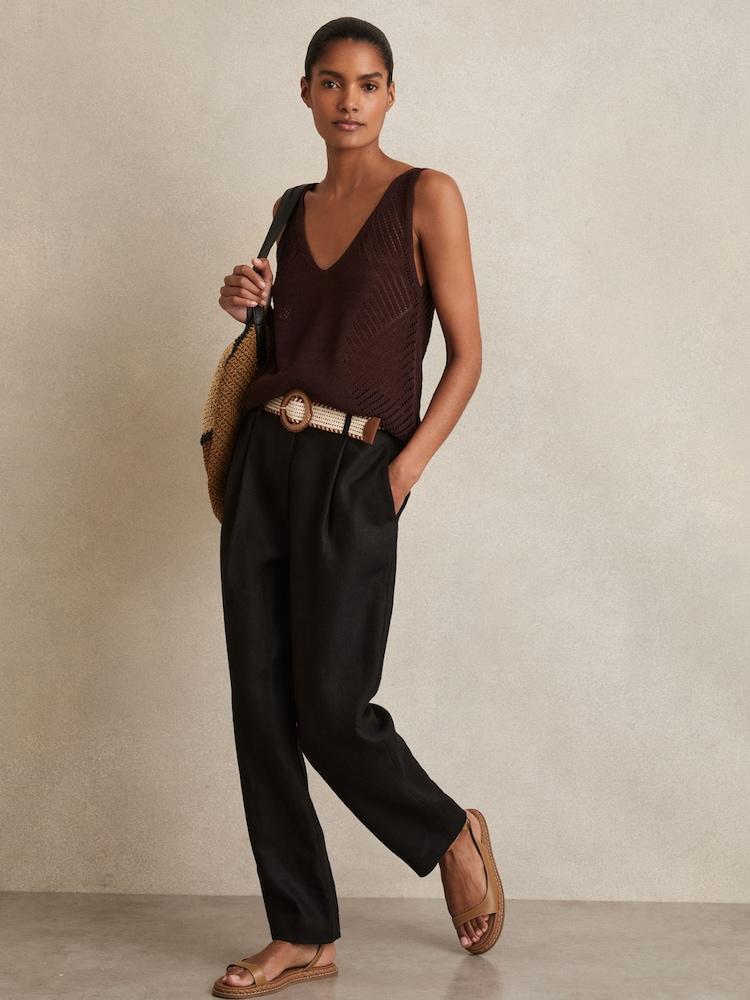 reiss Linen Belted Tapered Trousers in Black
