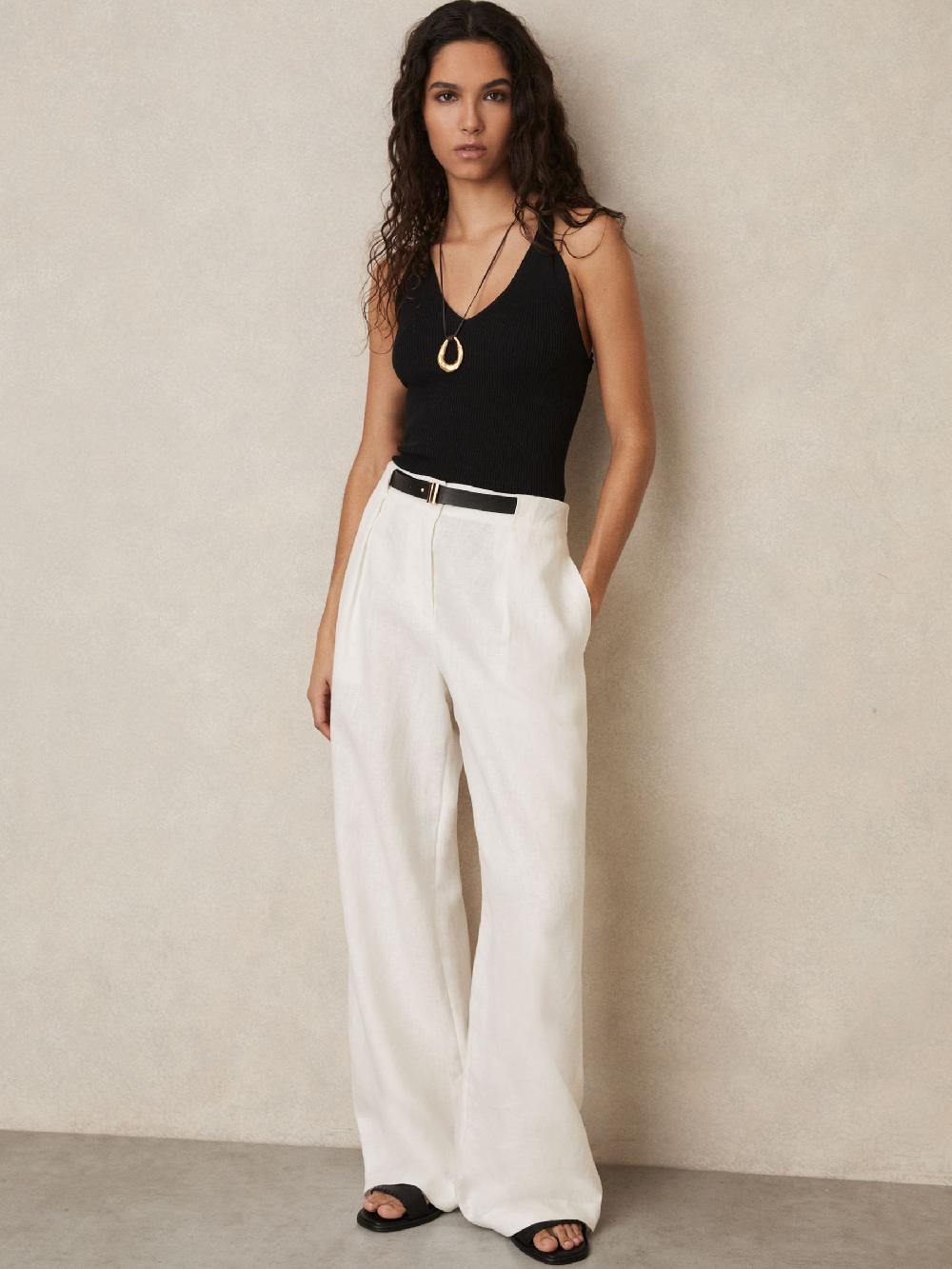 Reiss Linen Belted Wide-Leg Trousers In White