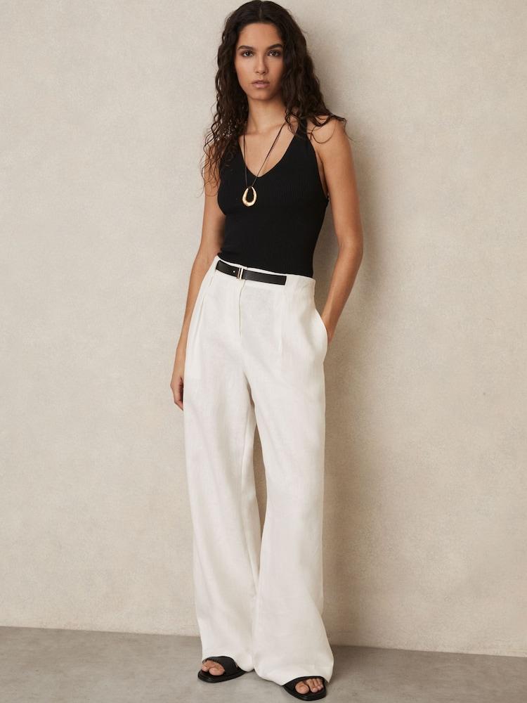 reiss Linen Belted Wide-Leg Trousers in White