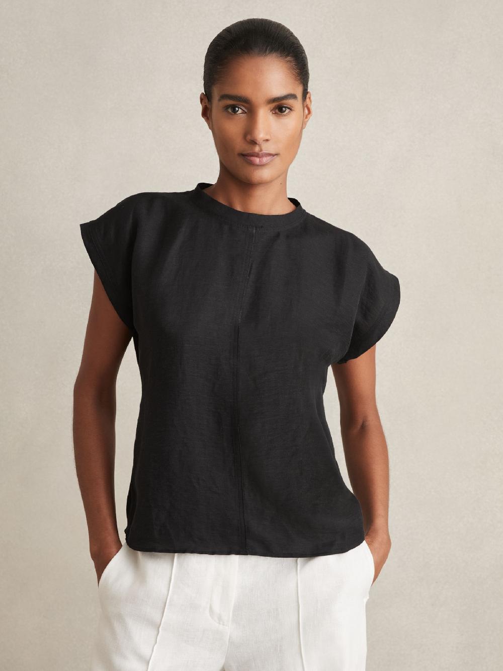 Reiss Linen-Blend Cap-Sleeve T-Shirt In Black