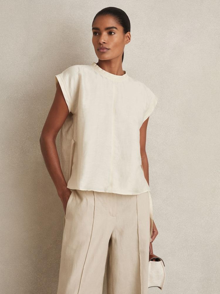 reiss Linen-Blend Cap-Sleeve T-Shirt in Cream