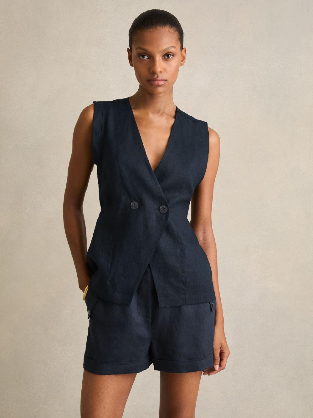 Reiss Linen Button-Front Waistcoat In Navy