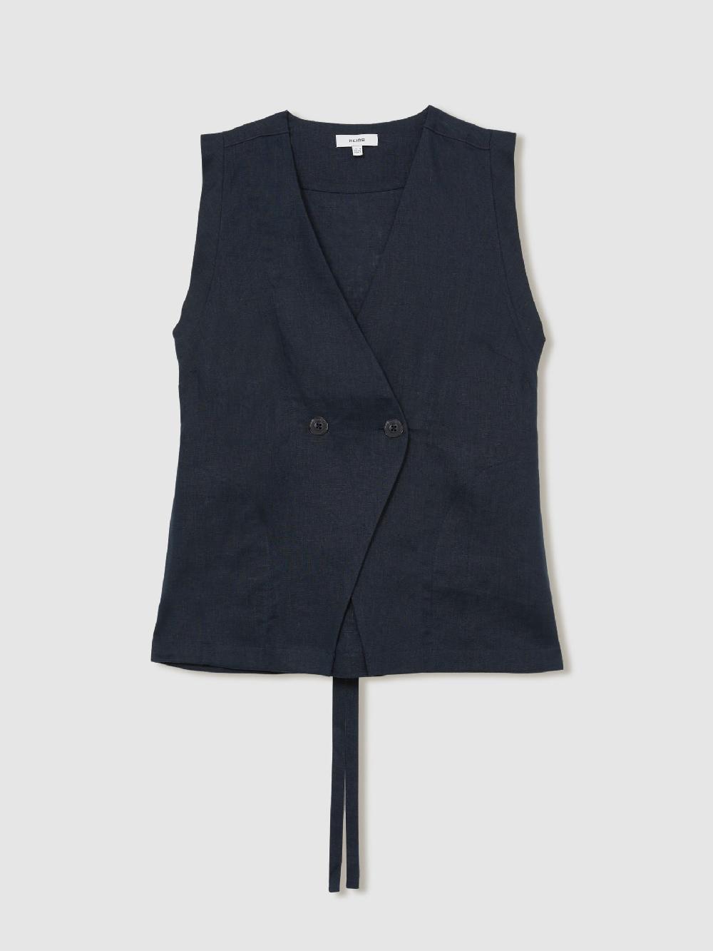 Reiss Linen Button-Front Waistcoat In Navy