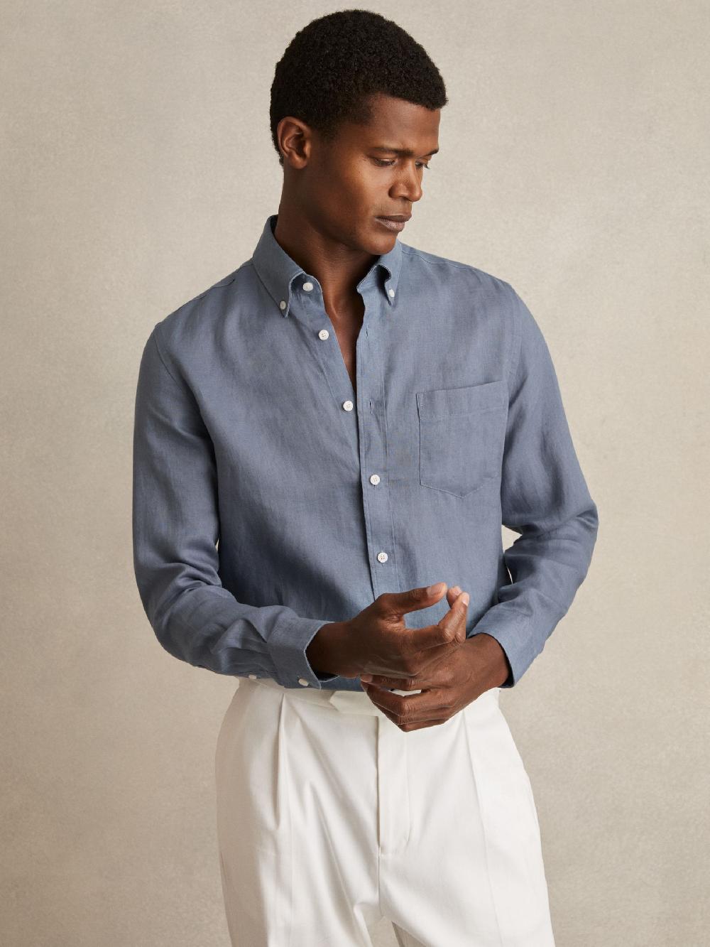 Reiss Linen Button-Through Shirt In Airforce Blue