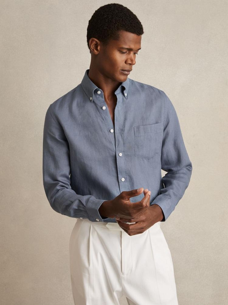 reiss Linen Button-Through Shirt in Airforce Blue