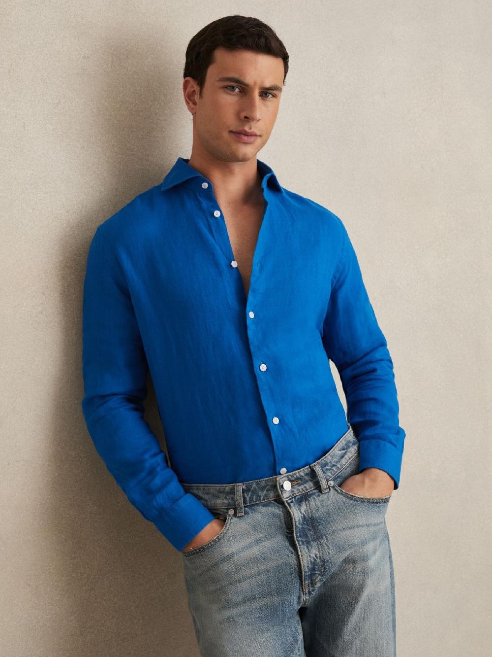 Reiss Linen Button-Through Shirt In Bright Blue