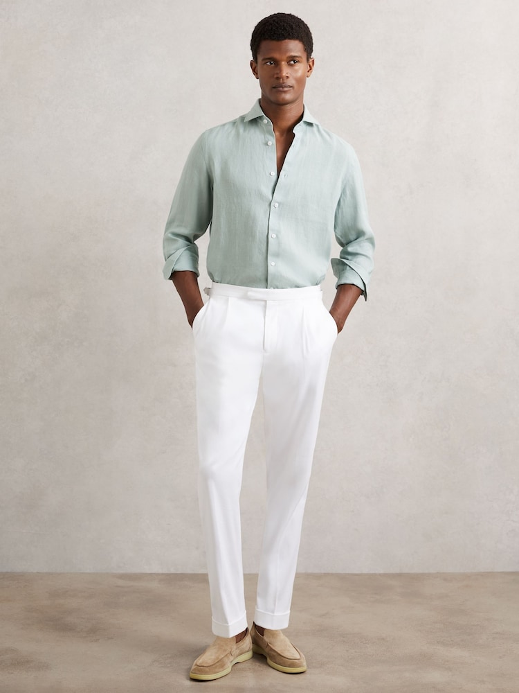 reiss Linen Button-Through Shirt in Ocean Green