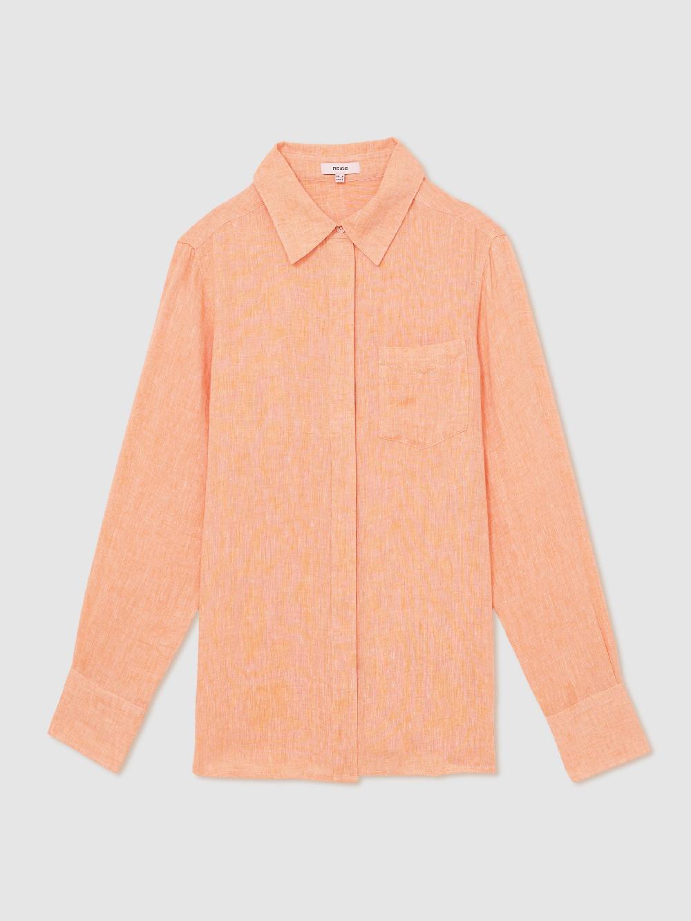 Reiss Linen Button-Through Shirt In Orange
