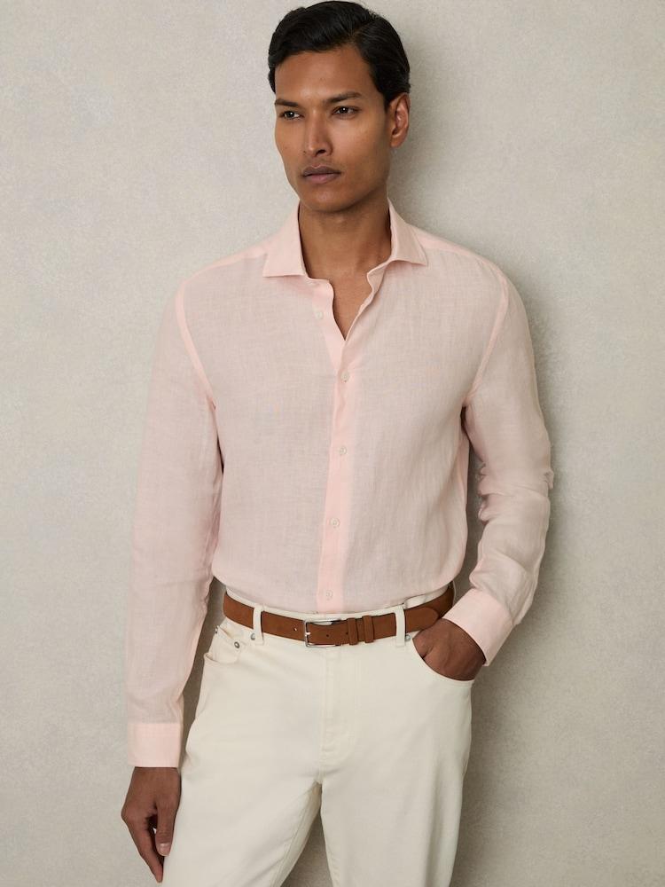 reiss Linen Button-Through Shirt in Prep Pink
