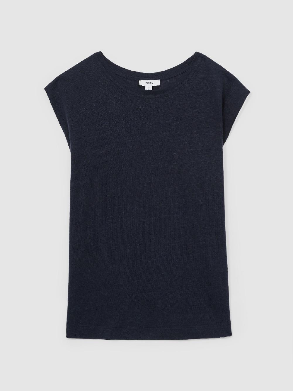 Reiss Linen Cap-Sleeve T-Shirt In Navy
