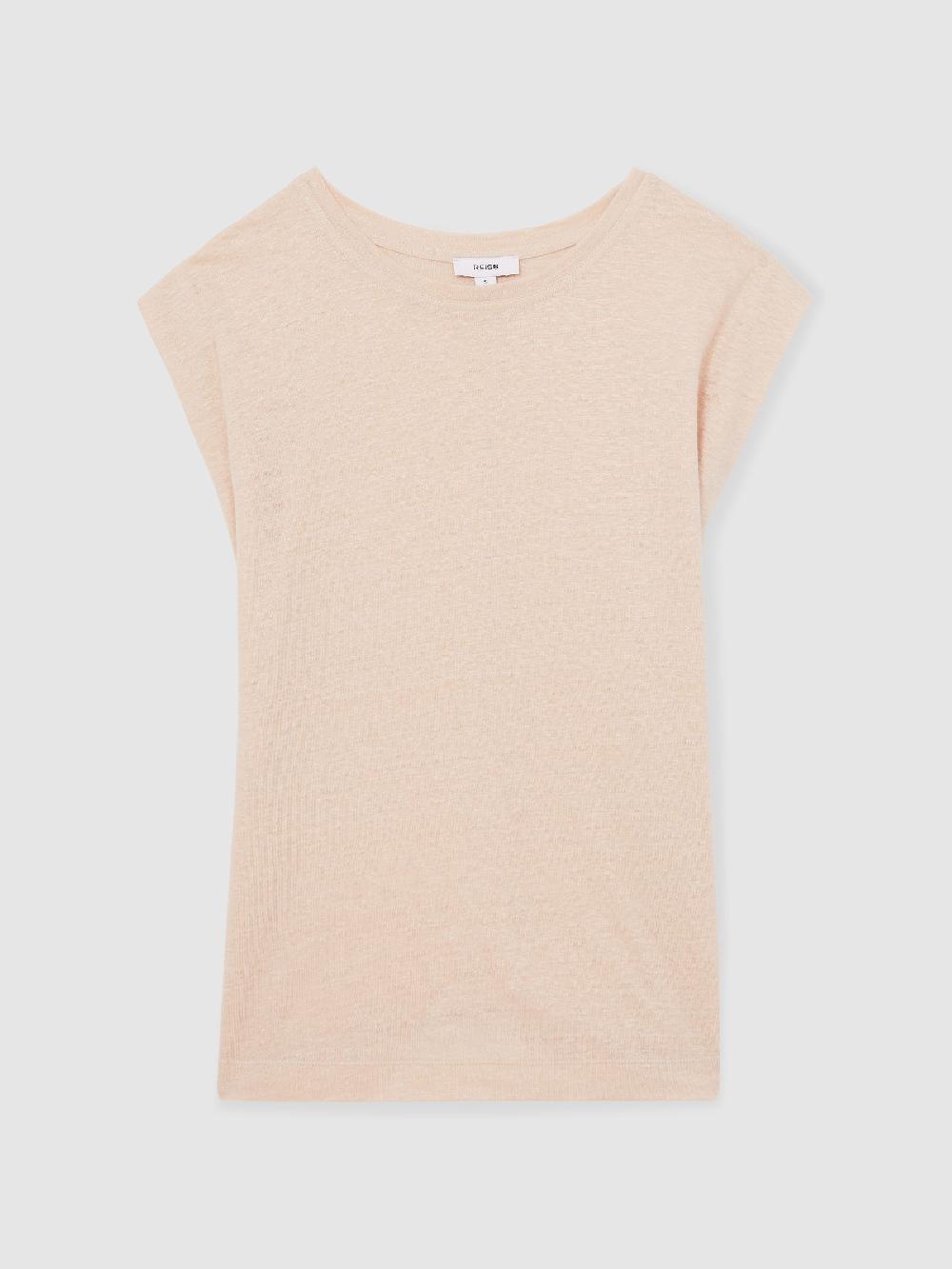 Reiss Linen Cap-Sleeve T-Shirt In Peach