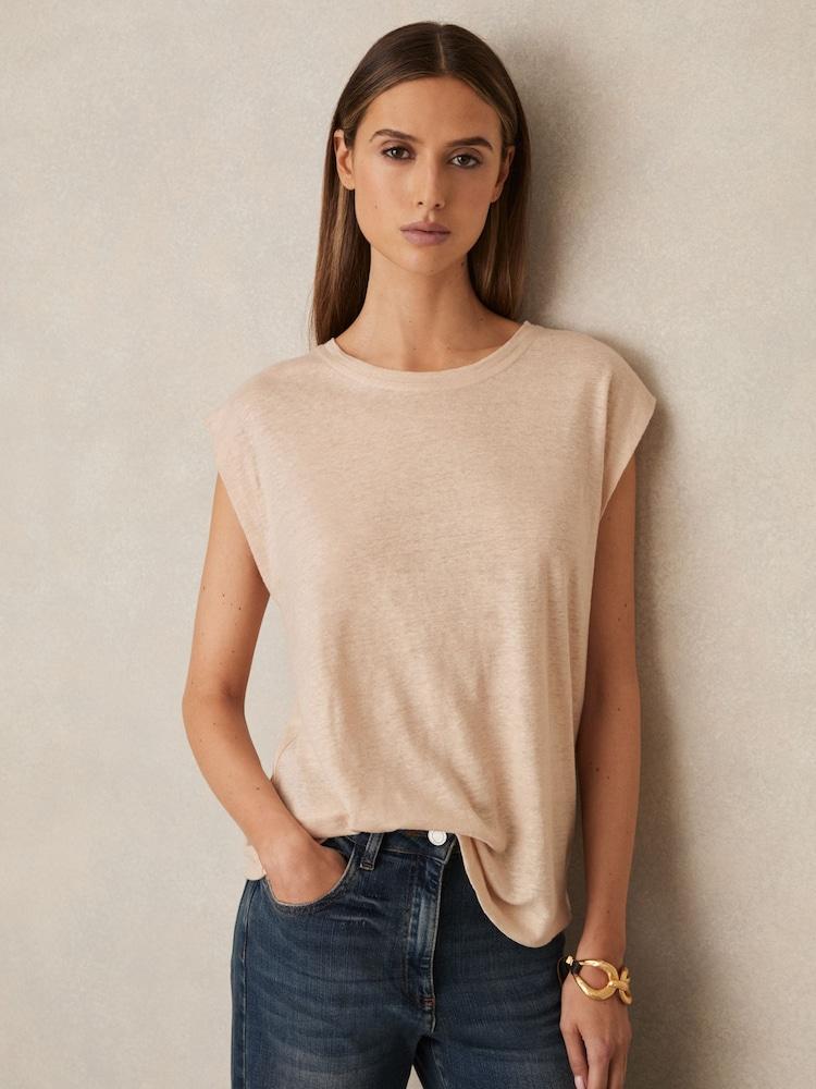 reiss Linen Cap-Sleeve T-Shirt in Peach