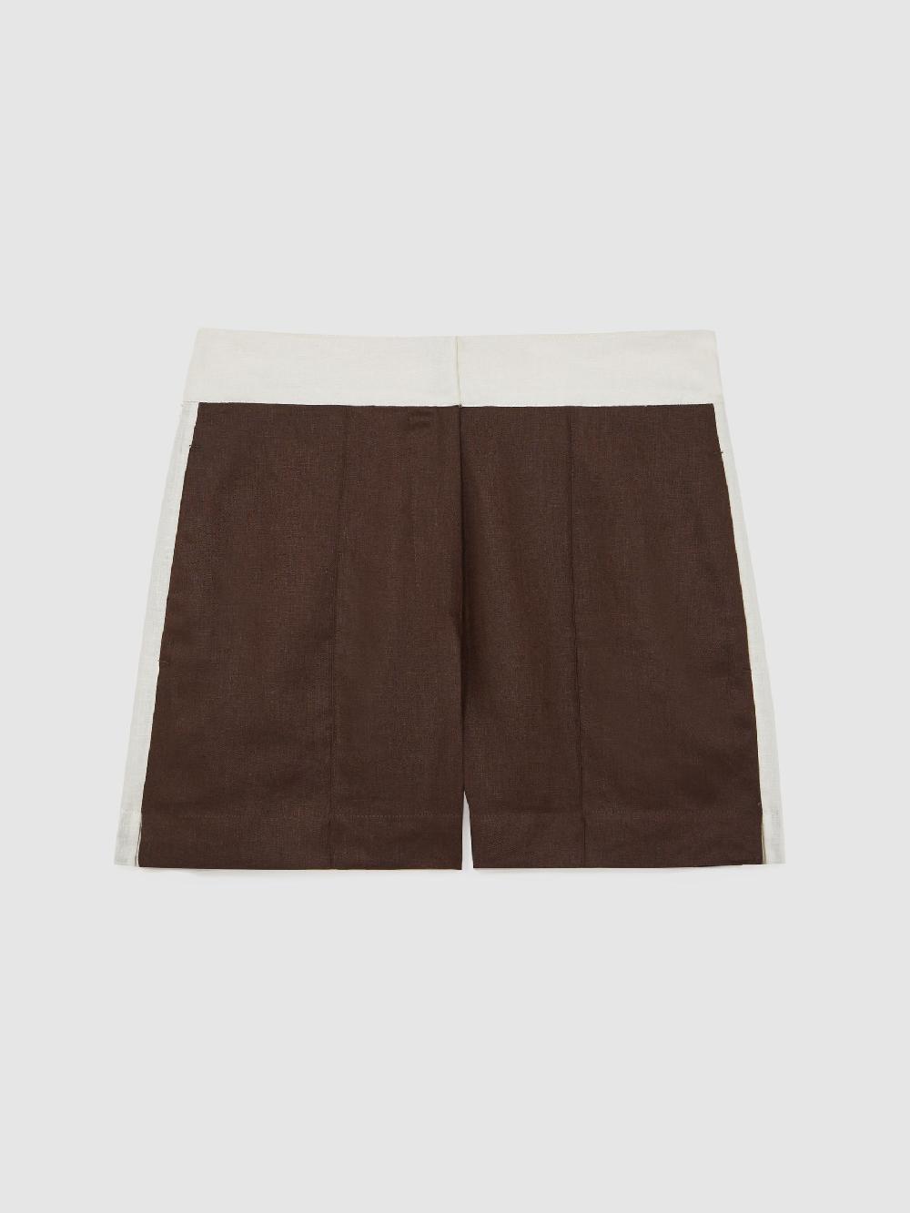 Reiss Linen Colourblock Shorts In Chocolate/Cream