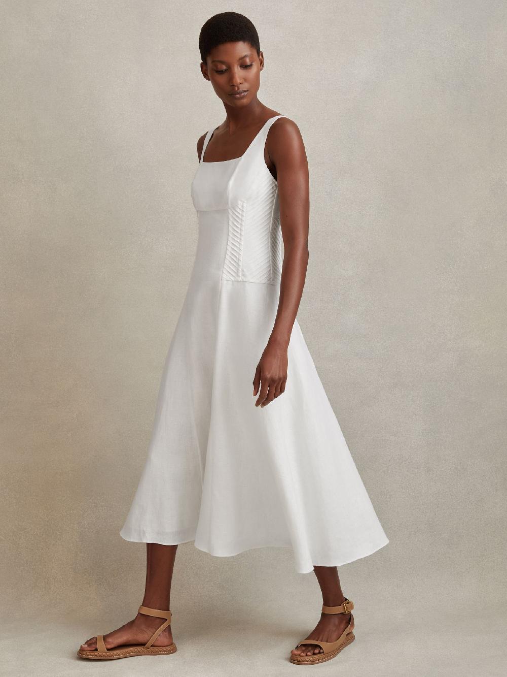 Reiss Linen Corset Midi Dress In Ivory