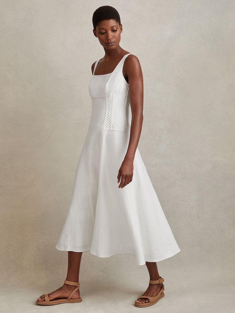 reiss Linen Corset Midi Dress in Ivory