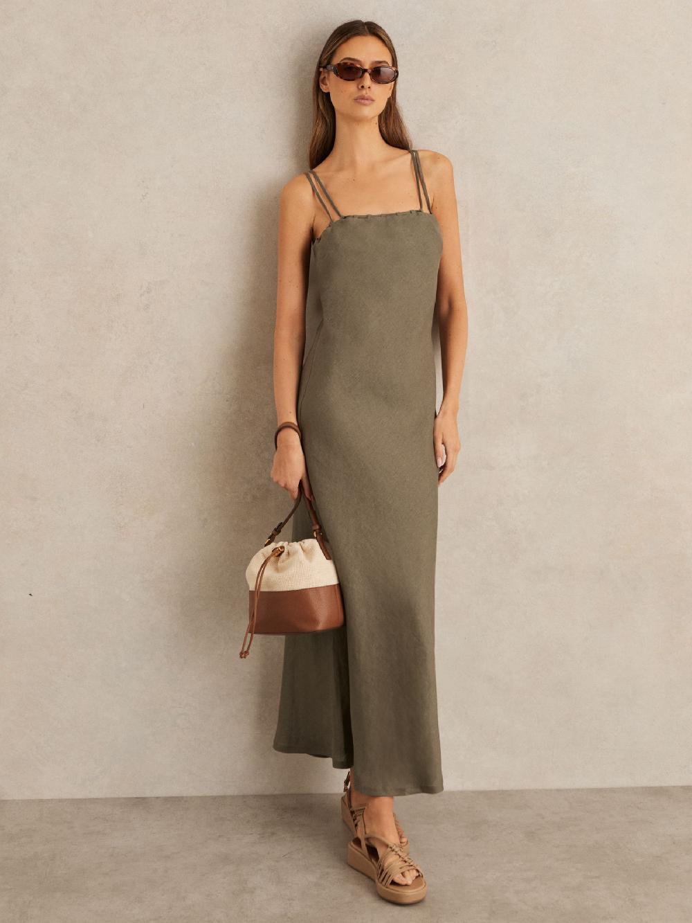 Reiss Linen Double-Strap Slip Dress In Khaki