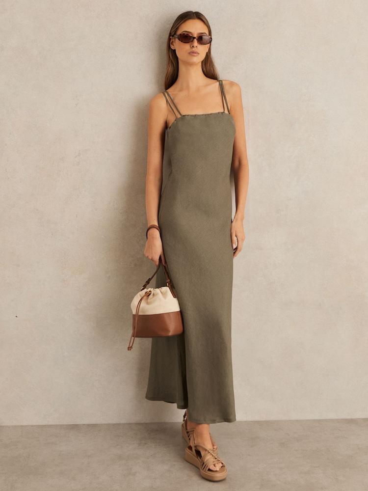 reiss Linen Double-Strap Slip Dress in Khaki
