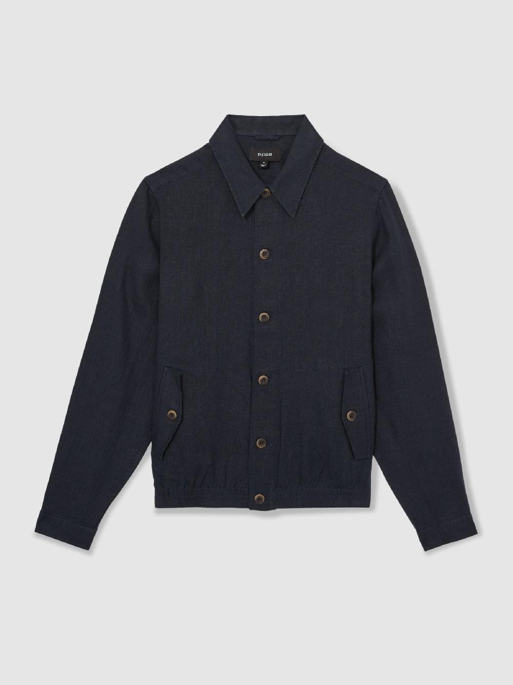 Reiss Linen Elasticated Hem Overshirt In Navy