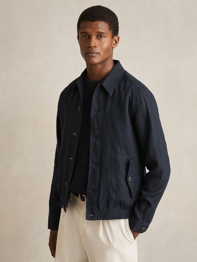 reiss Linen Elasticated Hem Overshirt in Navy