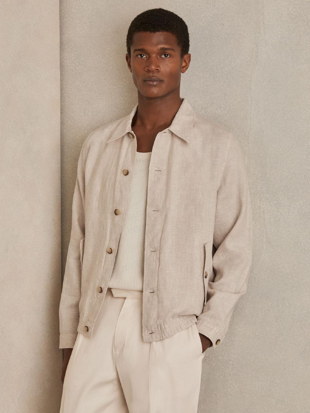 Reiss Linen Elasticated Hem Overshirt In Oatmeal