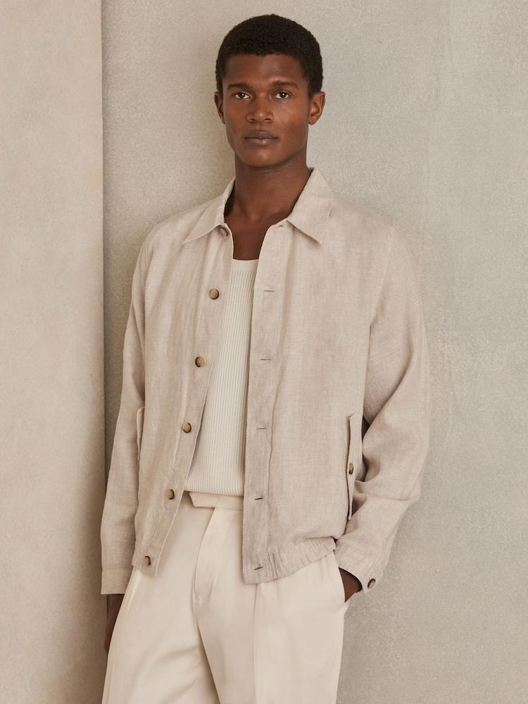 reiss Linen Elasticated Hem Overshirt in Oatmeal
