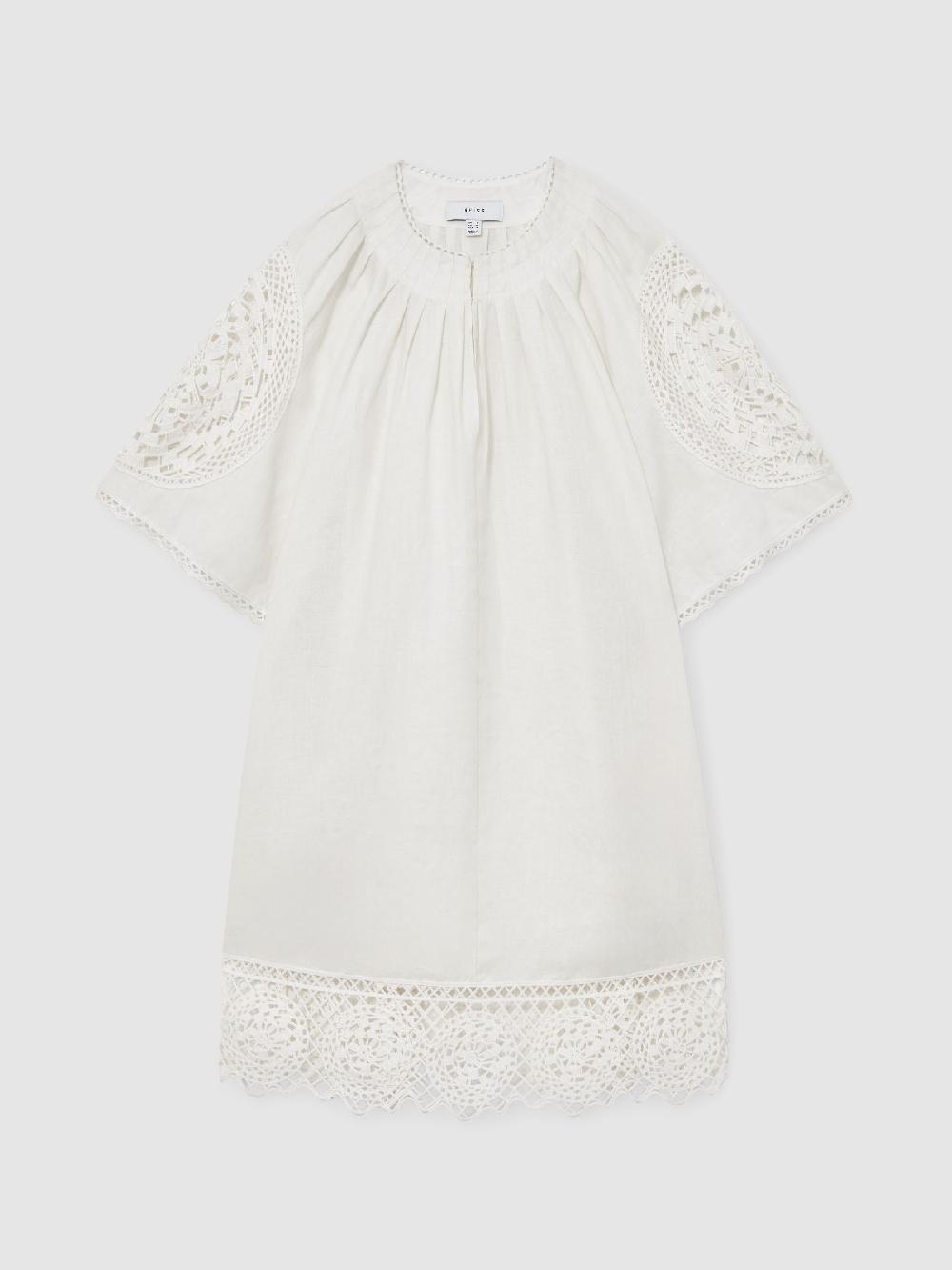 Reiss Linen Embroidered Shift Dress In Ivory