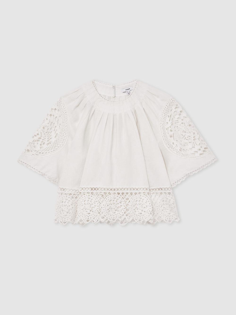 Reiss Linen Embroidered Swing Top In Ivory