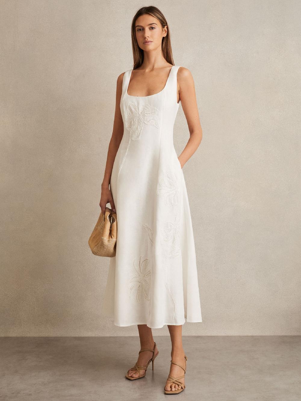 Reiss Linen Floral-Embroidered Midi Dress In Ivory