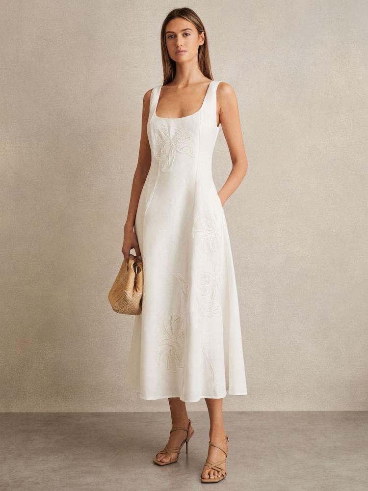 reiss Linen Floral-Embroidered Midi Dress in Ivory
