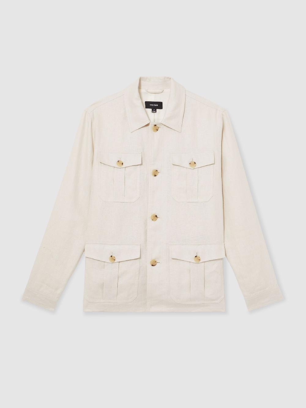 Reiss Linen Four-Pocket Safari Jacket In Off White
