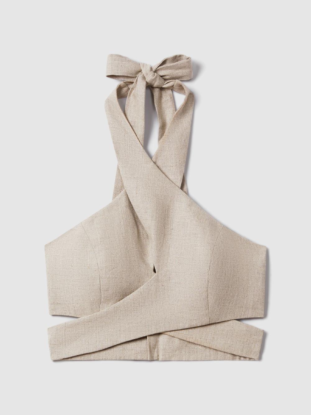 Reiss Linen Halter Neck Cropped Top In Neutral