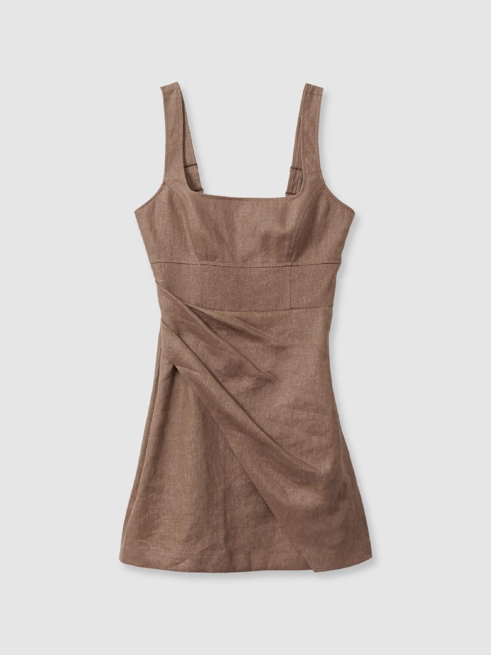 Reiss Linen Pleat Detail Mini Dress In Brown