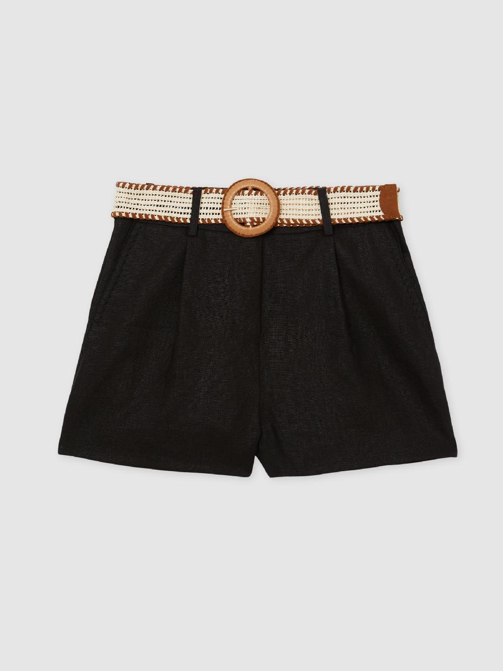 Reiss Linen Pleat-Front Belted Shorts In Black