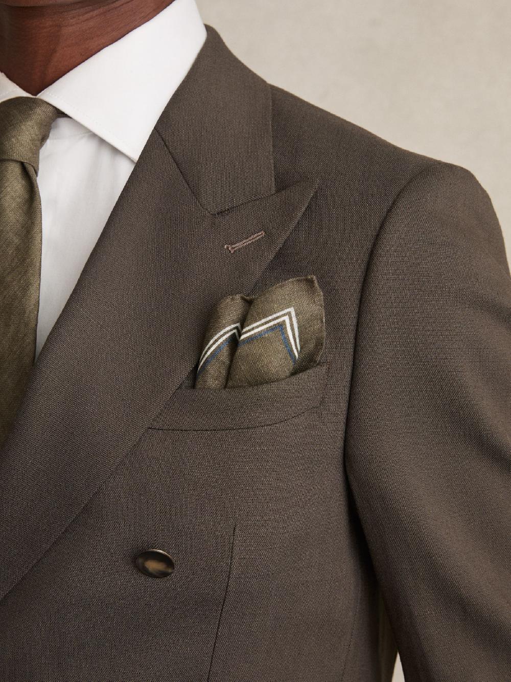 Reiss Linen Pocket Square In Olive