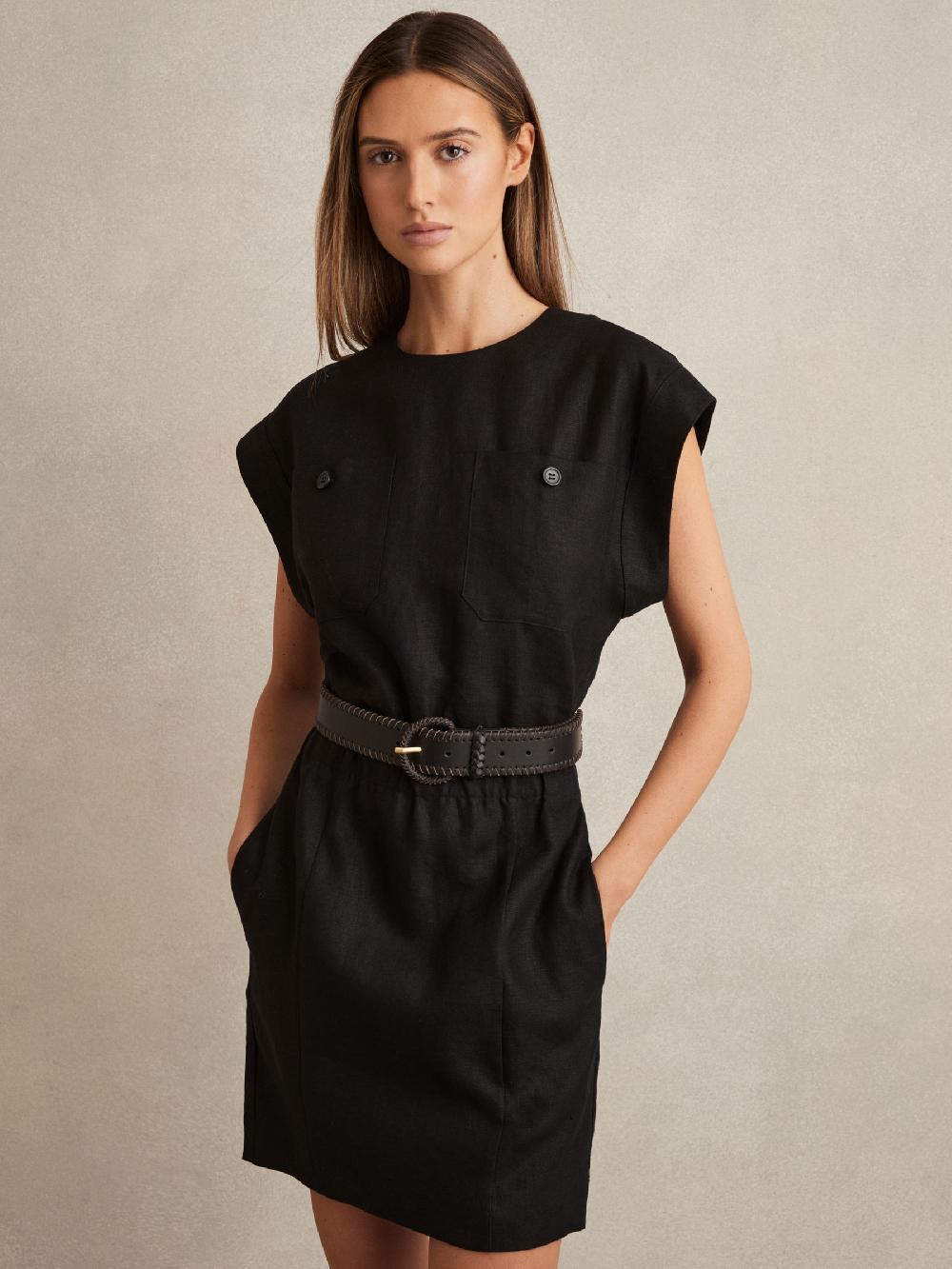 Reiss Linen Short Sleeve Mini Dress In Black