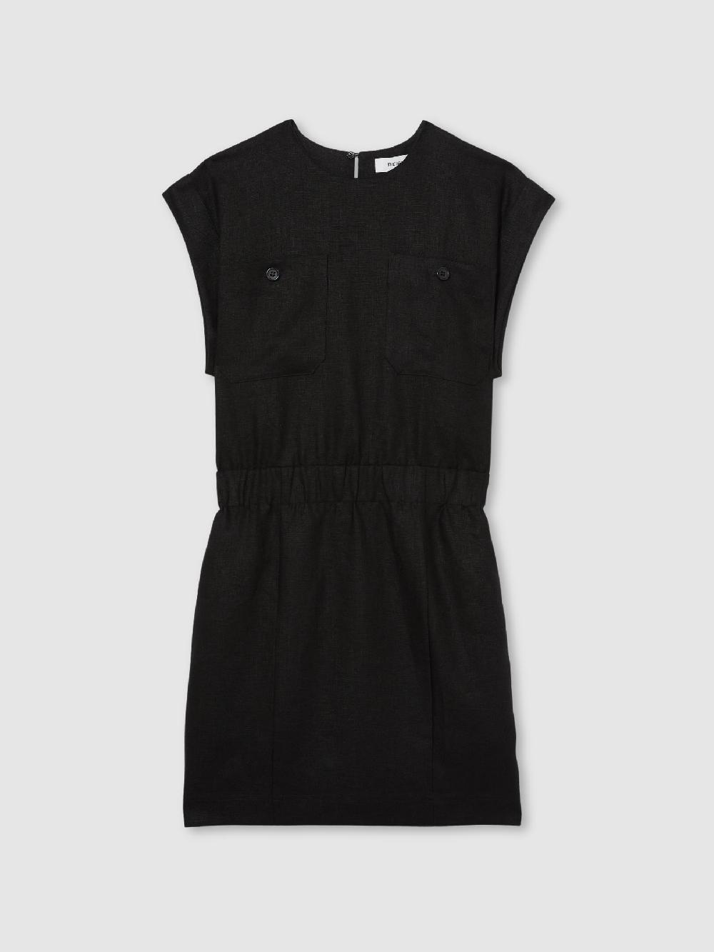 Reiss Linen Short Sleeve Mini Dress In Black
