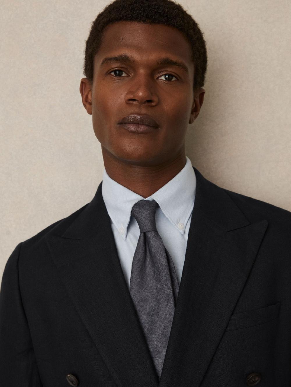 Reiss Linen Textured Tie In Navy