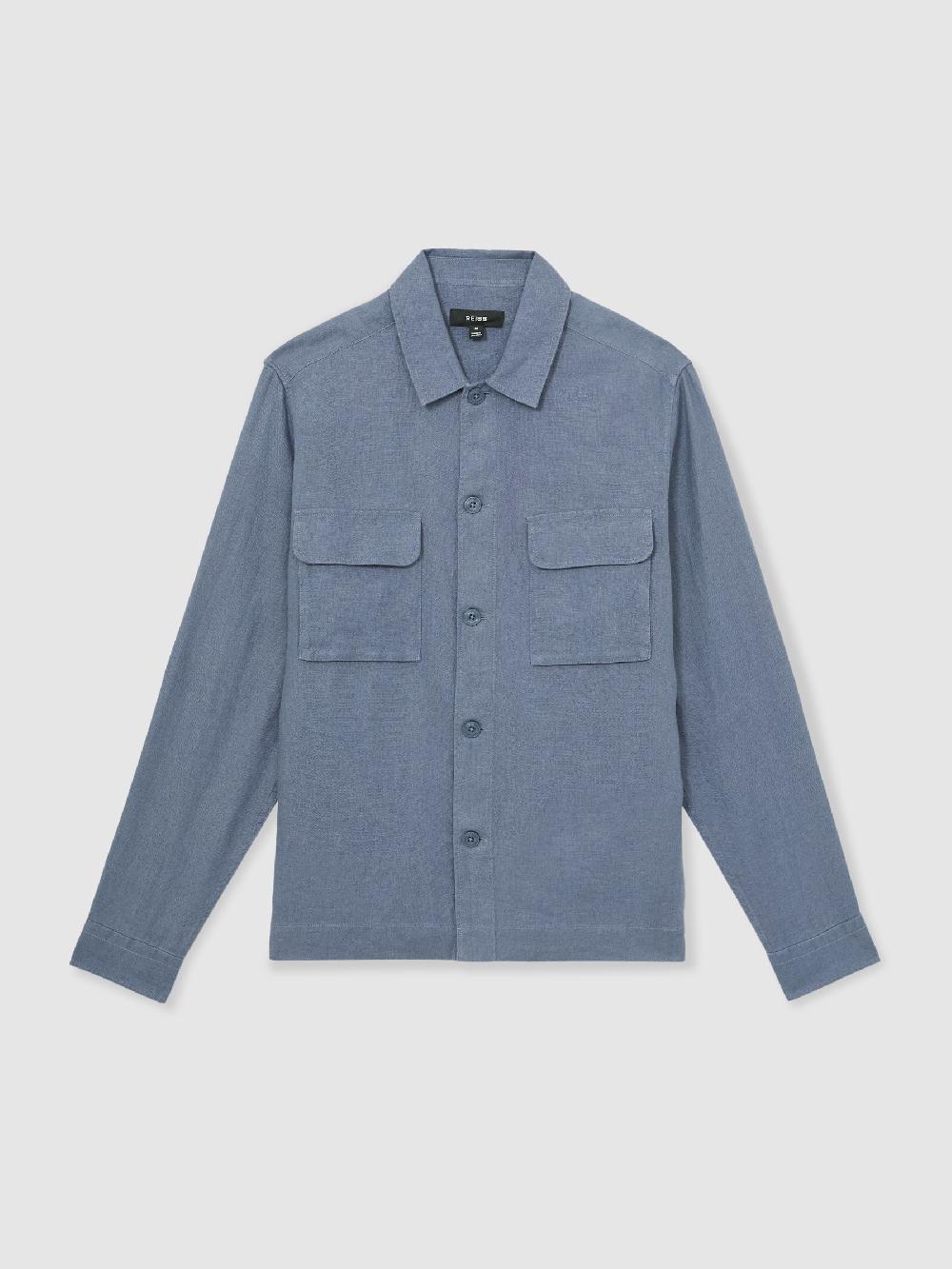 Reiss Linen Twin-Pocket Overshirt In Airforce Blue