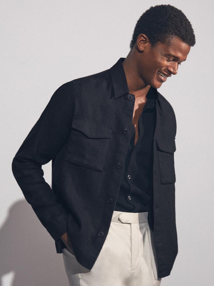 reiss Linen Twin-Pocket Overshirt in Navy