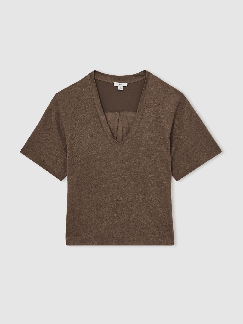 Reiss Linen V-Neck T-Shirt In Brown