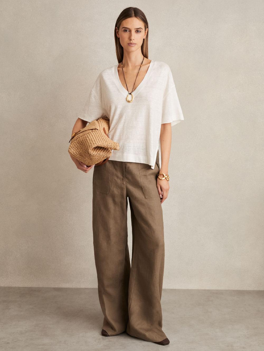 Reiss Linen V-Neck T-Shirt In White