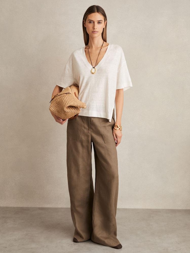 reiss Linen V-Neck T-Shirt in White