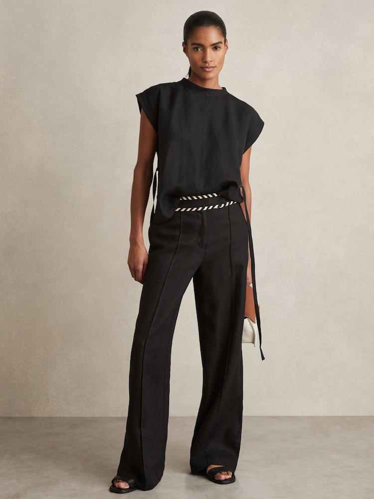 reiss Linen Wide-Leg Whipstitch Trousers in Black