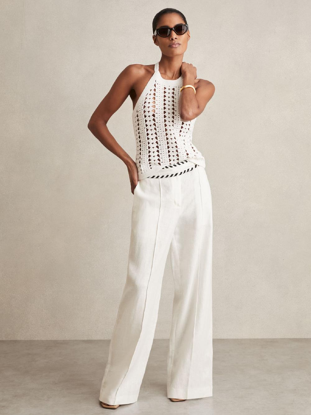 Reiss Linen Wide-Leg Whipstitch Trousers In White