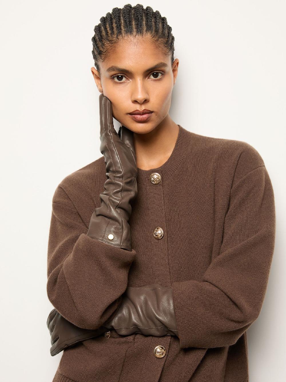 Reiss Long Leather Gloves In Taupe